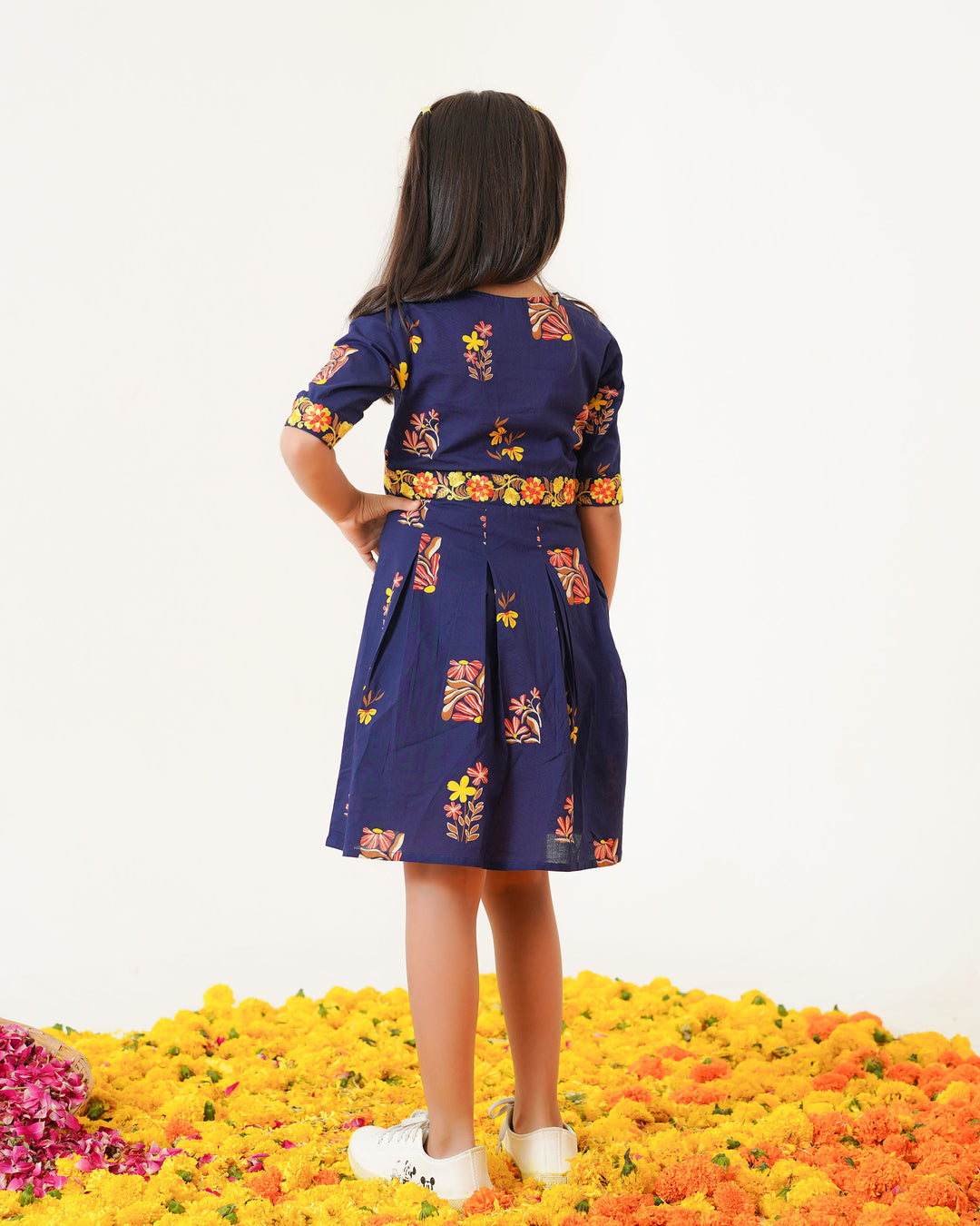 Blush Navy Blue Girl's Embroidered Cotton Dress