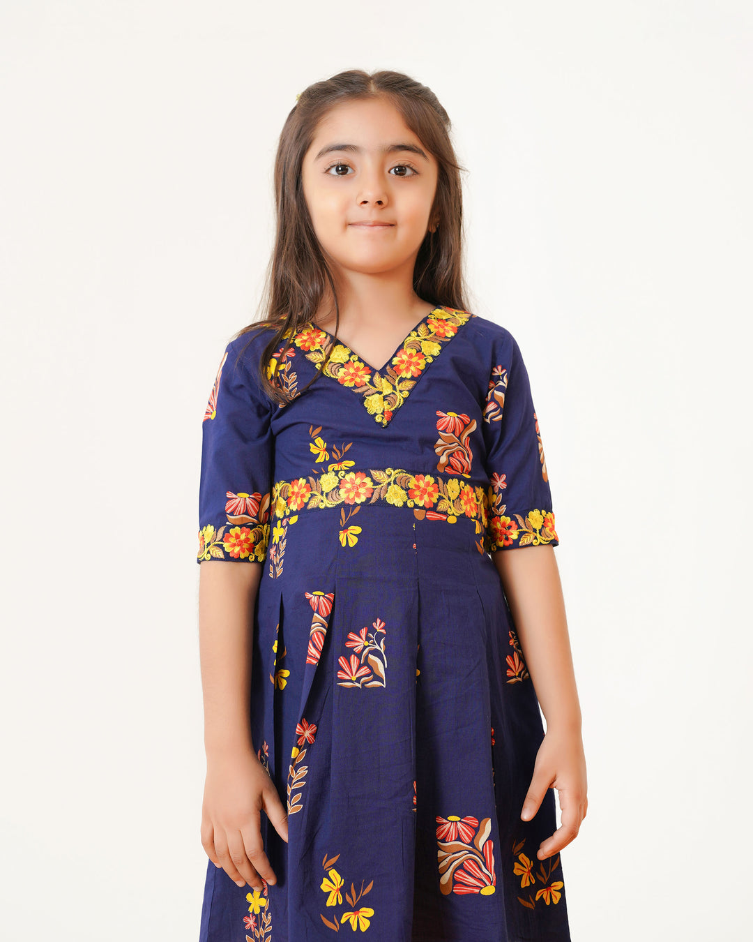 Blush Navy Blue Girl's Embroidered Cotton Dress