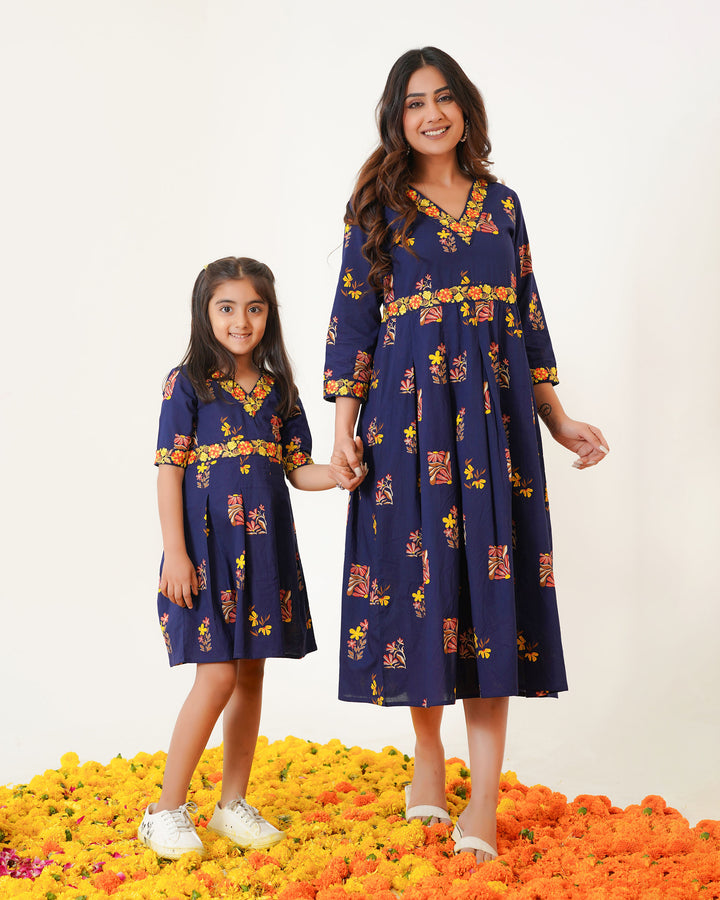 Blush Navy Blue Mom and Daughter Embroidered Cotton Dresses