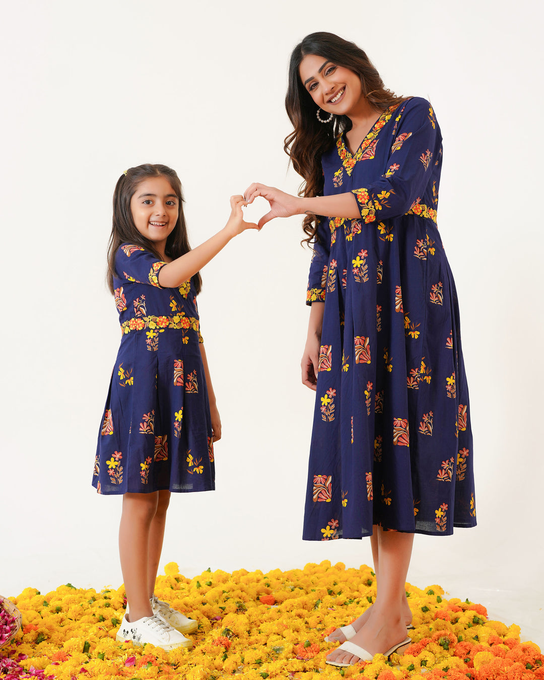 Blush Navy Blue Mom and Daughter Embroidered Cotton Dresses
