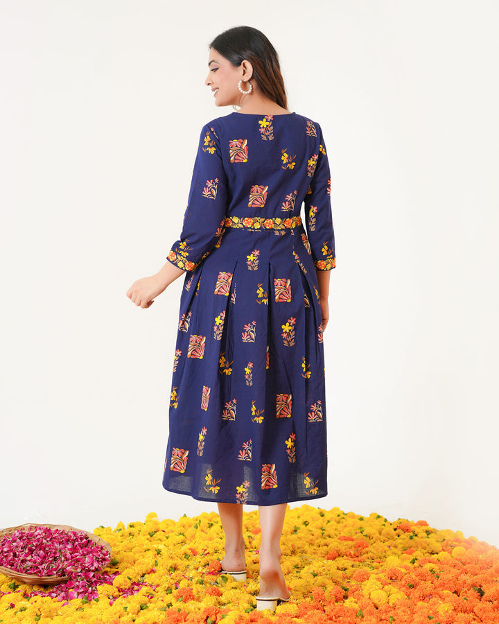 Blush Navy Blue Embroidered Cotton Midi Dress with Pockets