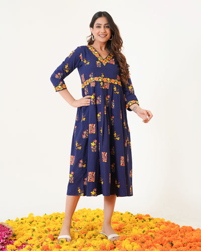 Blush Navy Blue Embroidered Cotton Midi Dress with Pockets