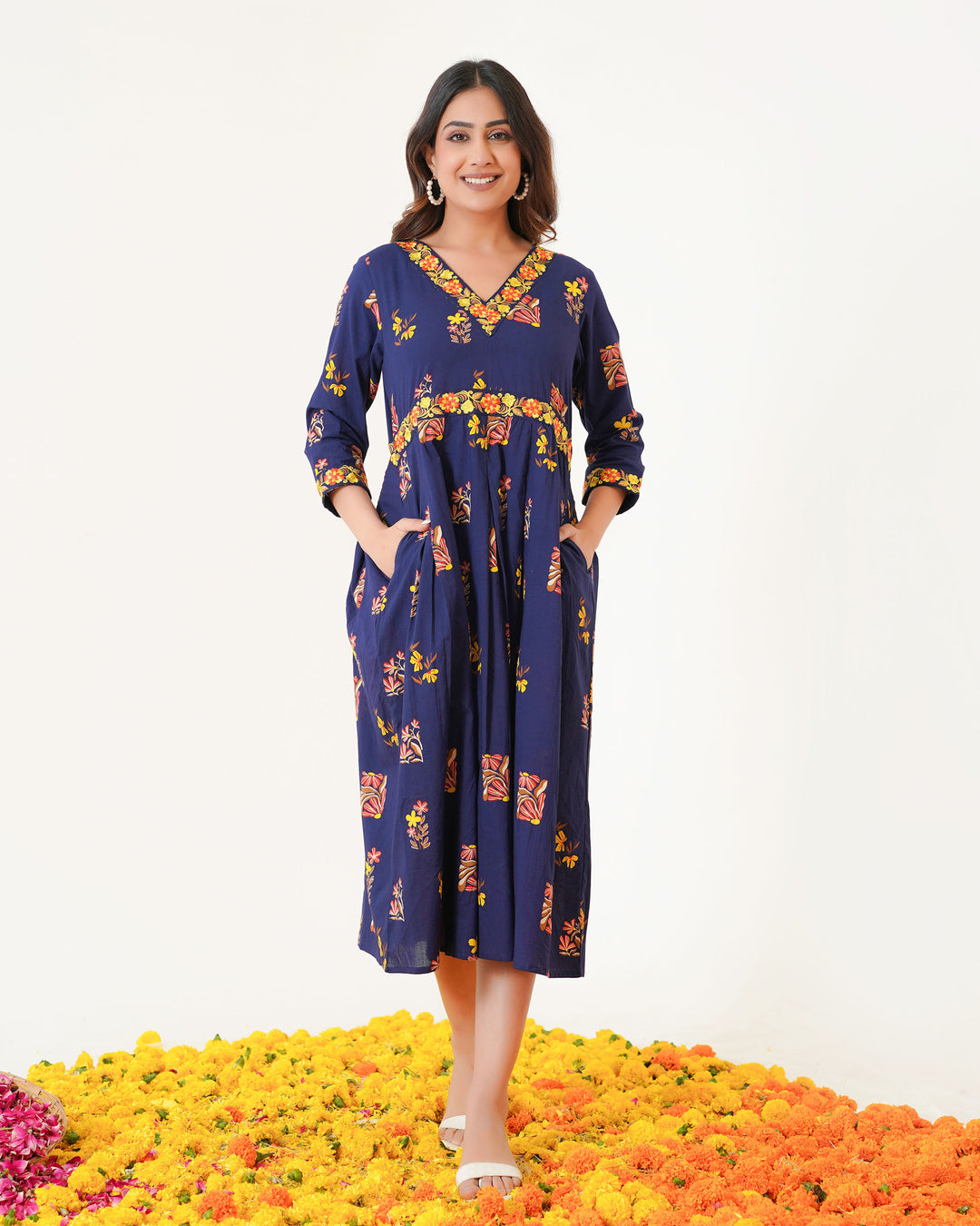 Blush Navy Blue Embroidered Cotton Midi Dress with Pockets