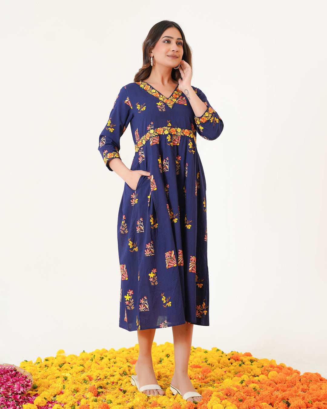 Blush Navy Blue Embroidered Cotton Midi Dress with Pockets