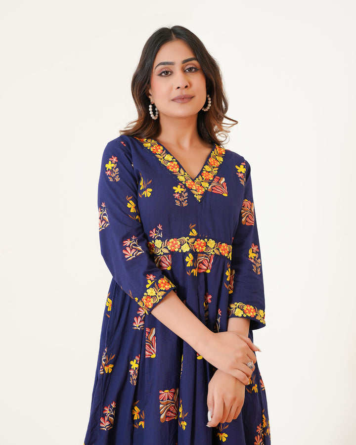 Blush Navy Blue Embroidered Cotton Midi Dress with Pockets