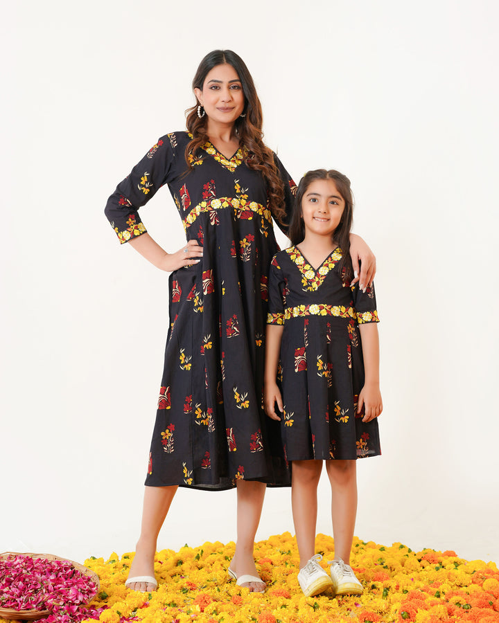 Blush Black Mom and Daughter Embroidered Cotton Dresses