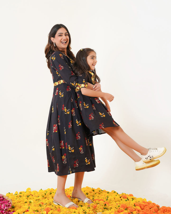 Blush Black Mom and Daughter Embroidered Cotton Dresses