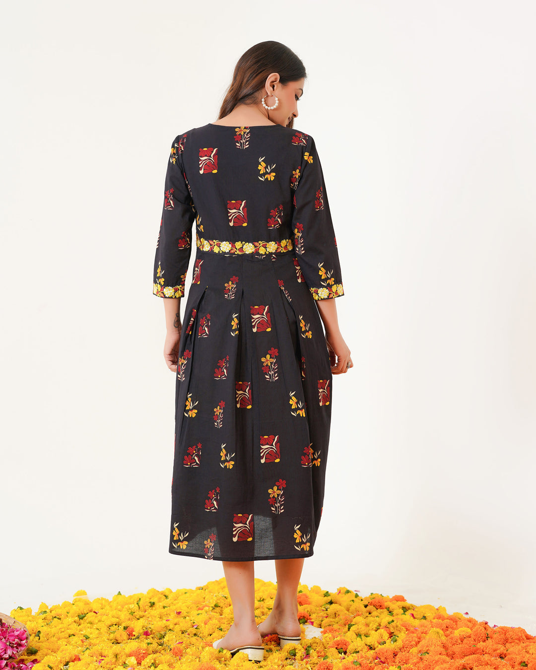 Blush Black Embroidered Cotton Midi Dress with Pockets