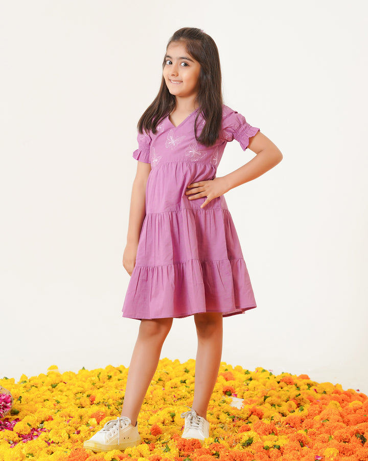 Butterflies on Lilac Tiered Cotton Girl's Dress