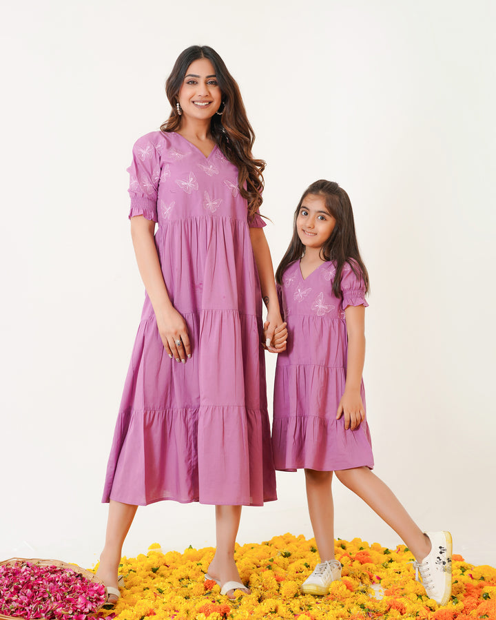 Butterflies on Lilac Mom and Daughter Cotton Dresses
