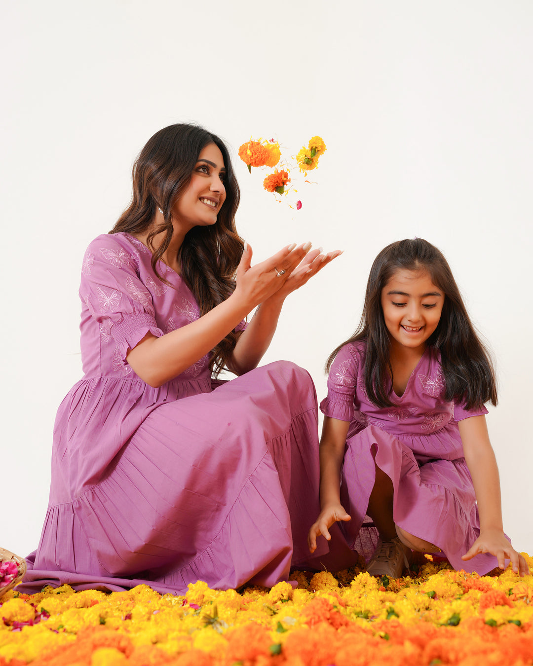 Butterflies on Lilac Mom and Daughter Cotton Dresses