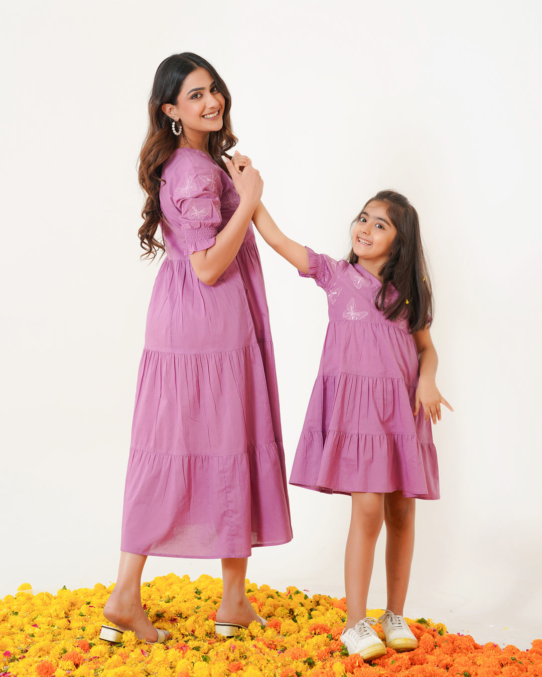 Butterflies on Lilac Mom and Daughter Cotton Dresses