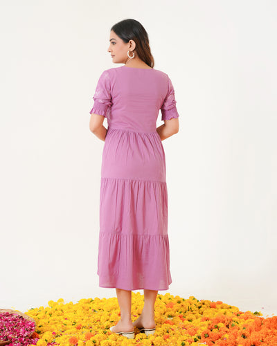 Butterflies on Lilac Tiered Cotton Midi Dress with Pockets