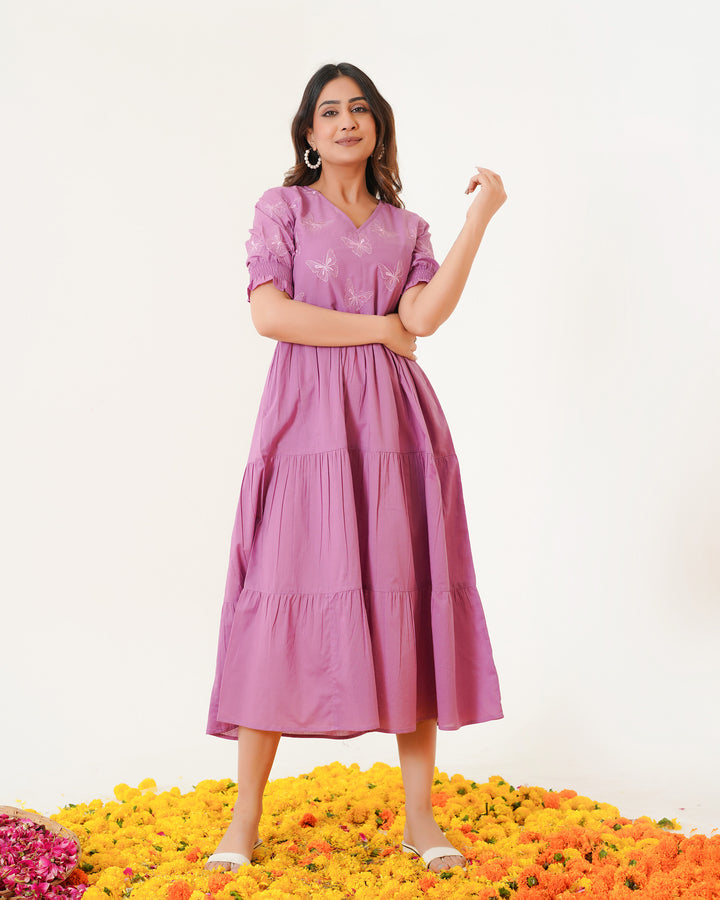 Butterflies on Lilac Tiered Cotton Midi Dress with Pockets