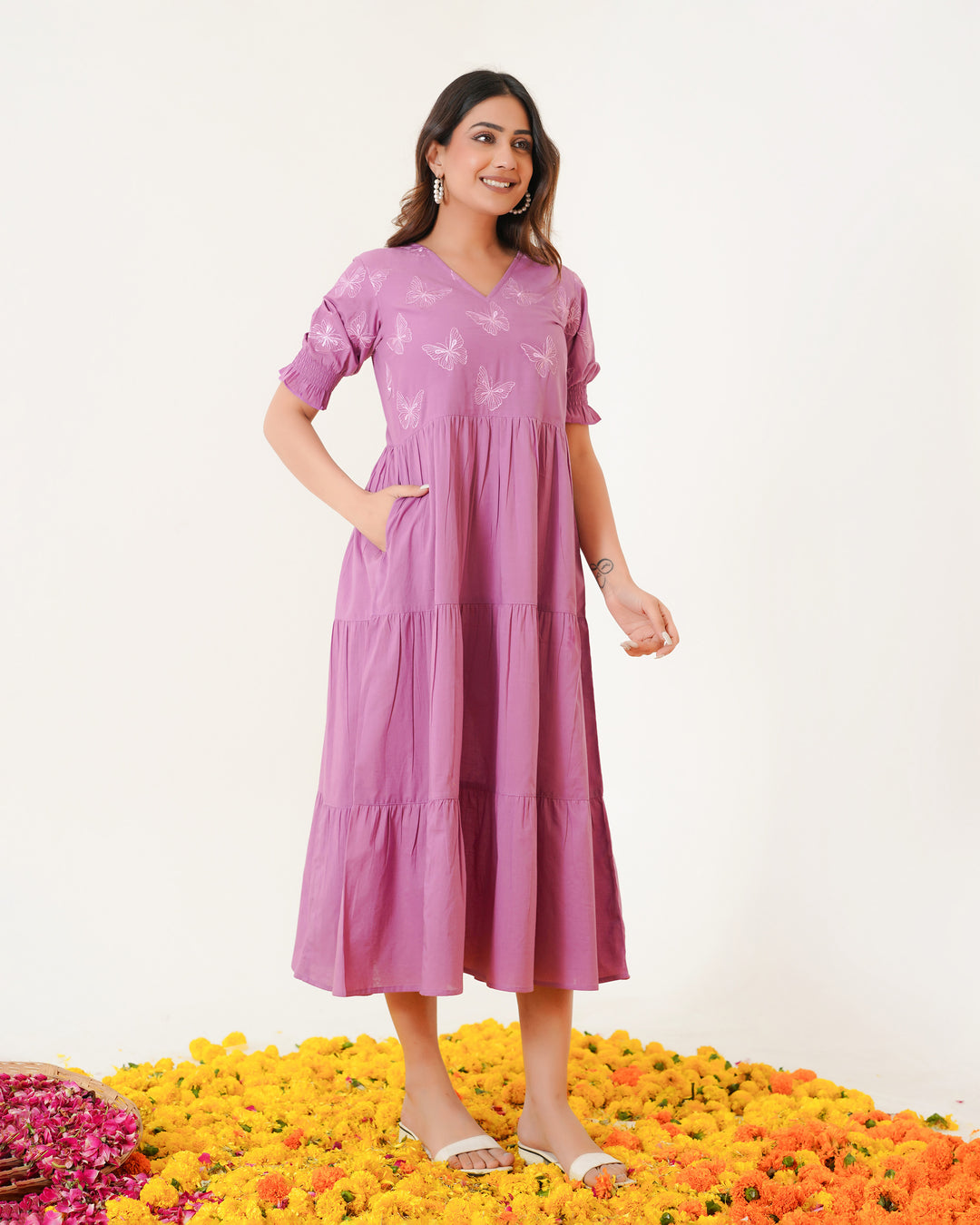 Butterflies on Lilac Tiered Cotton Midi Dress with Pockets