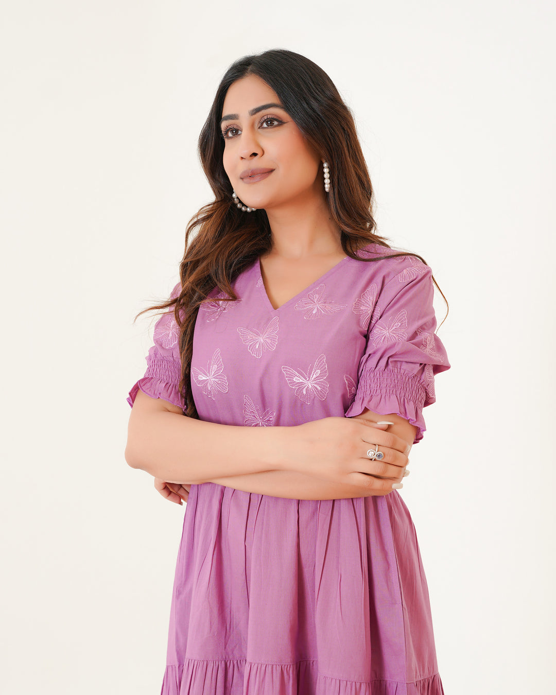 Butterflies on Lilac Tiered Cotton Midi Dress with Pockets