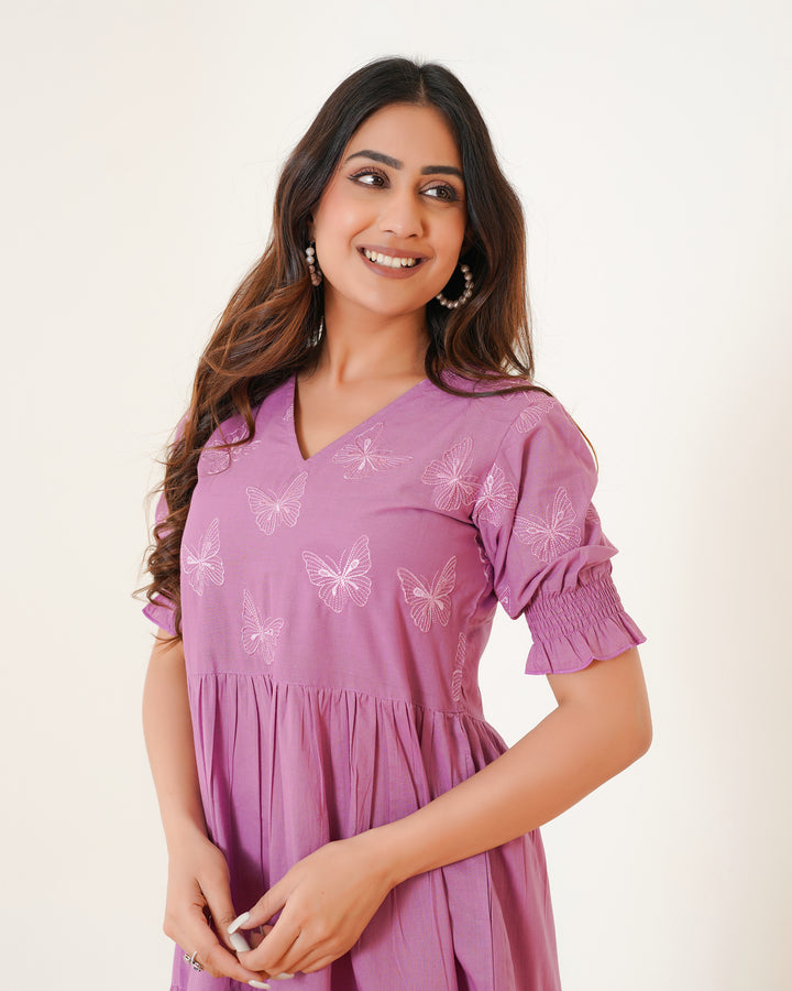 Butterflies on Lilac Mom and Daughter Cotton Dresses
