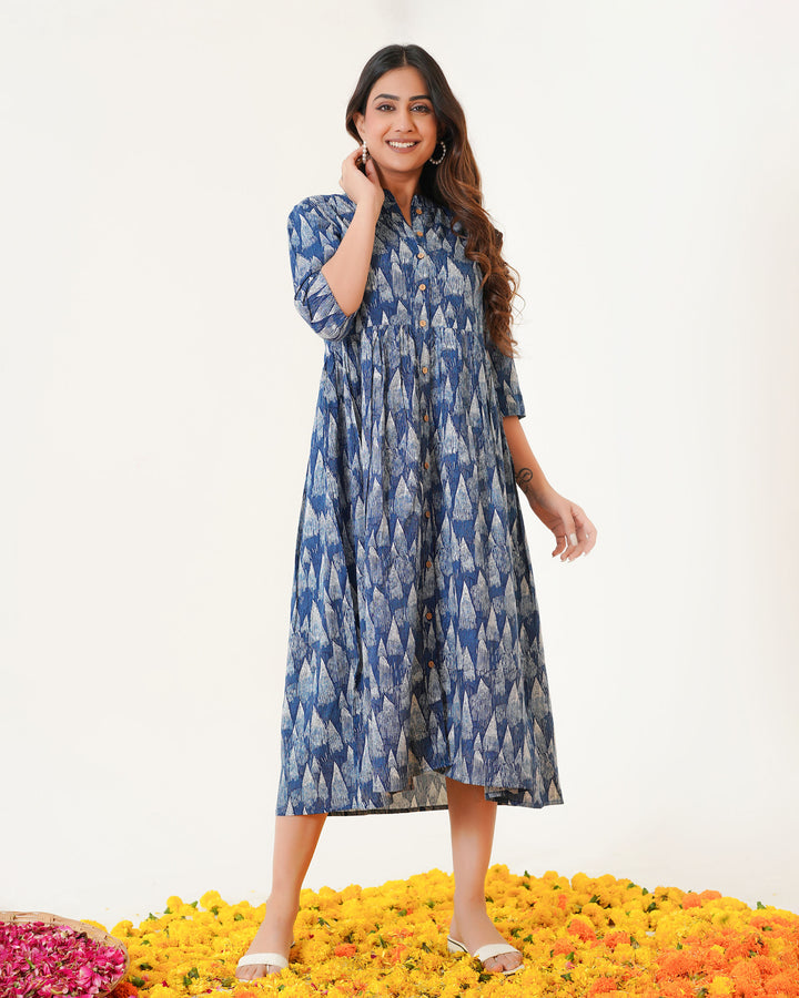 Blue Tides Printed Dress with Pockets