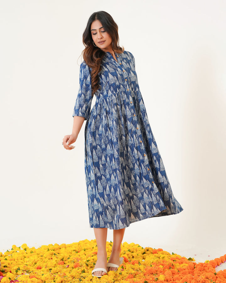 Blue Tides Printed Dress with Pockets