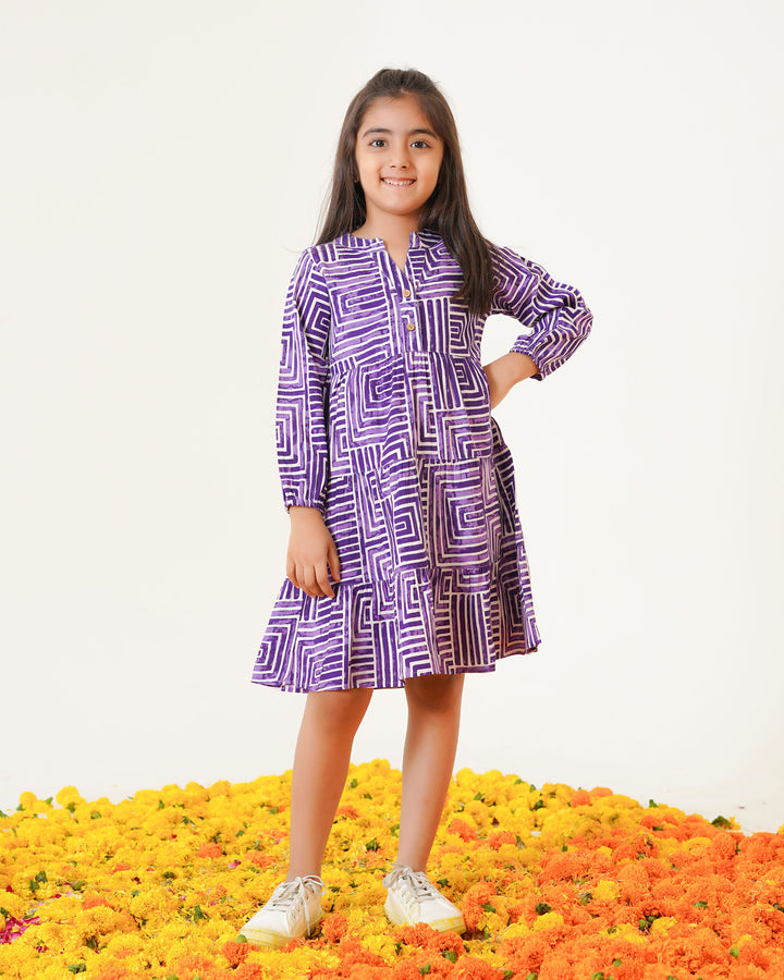 Lavender Lines Printed Girl's Dress