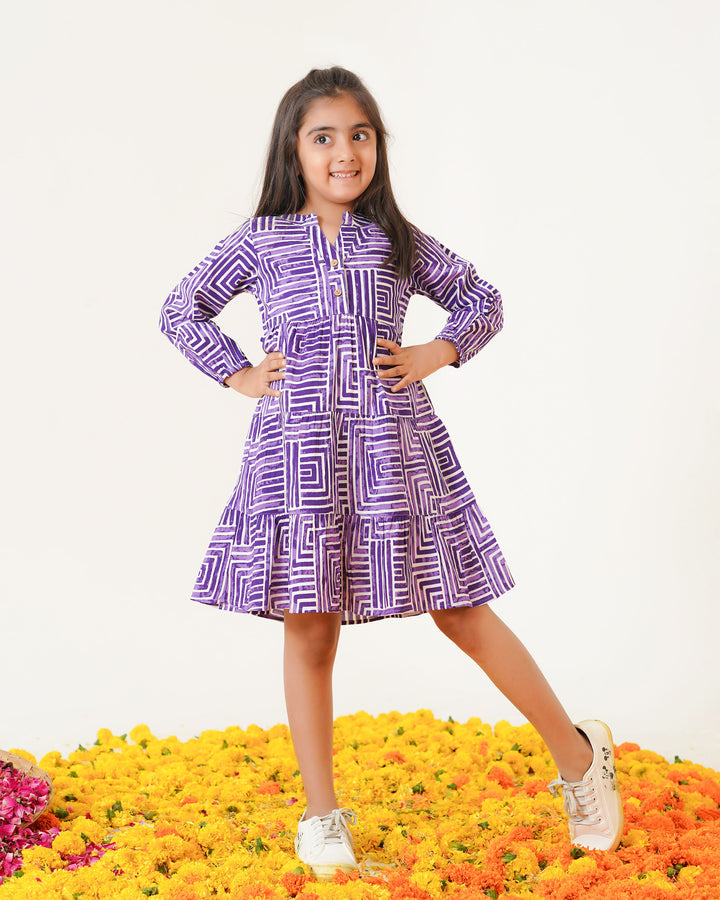Lavender Lines Printed Girl's Dress
