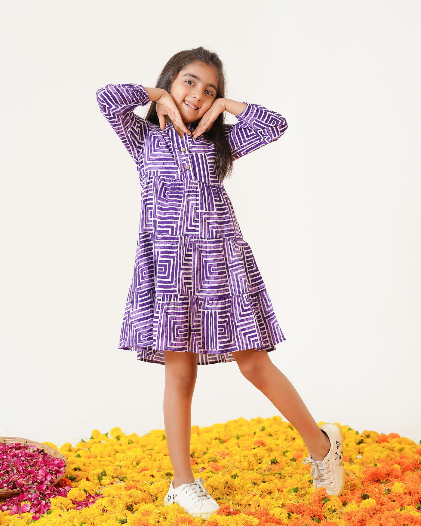 Lavender Lines Printed Girl's Dress
