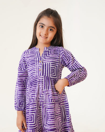 Lavender Lines Printed Girl's Dress