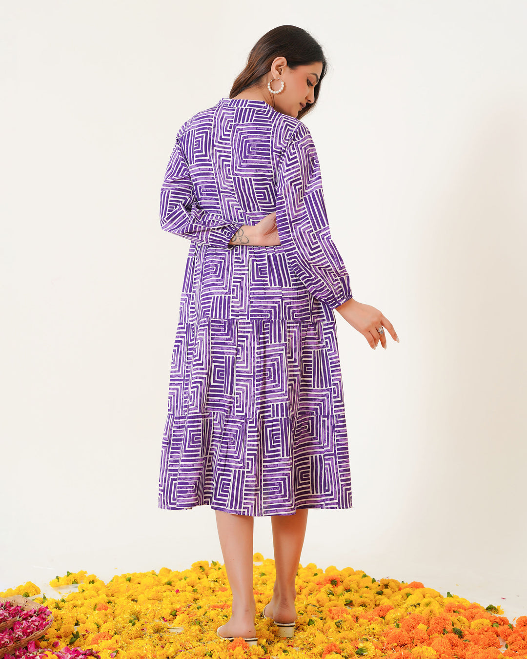Lavender Lines Printed Dress with Pockets