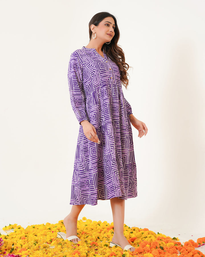 Lavender Lines Printed Dress with Pockets