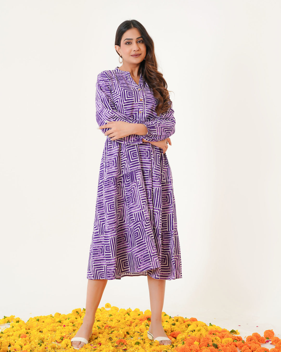 Lavender Lines Printed Dress with Pockets