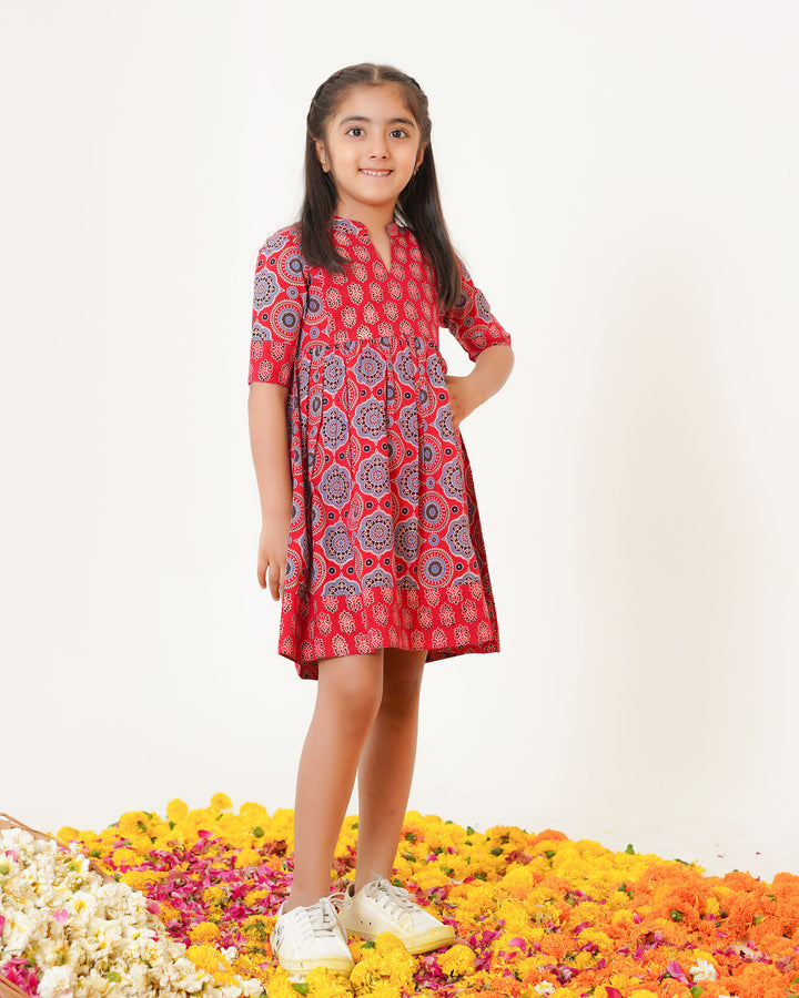 'Bits of Red Ajrakh' Girl's Cotton Dress