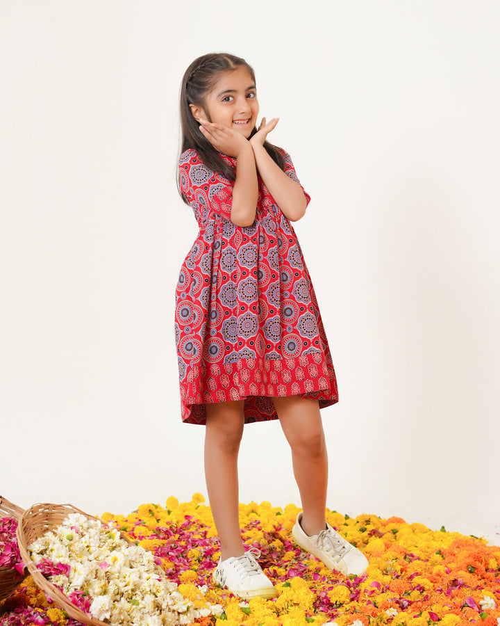 'Bits of Red Ajrakh' Girl's Cotton Dress