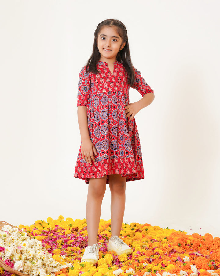 'Bits of Red Ajrakh' Girl's Cotton Dress