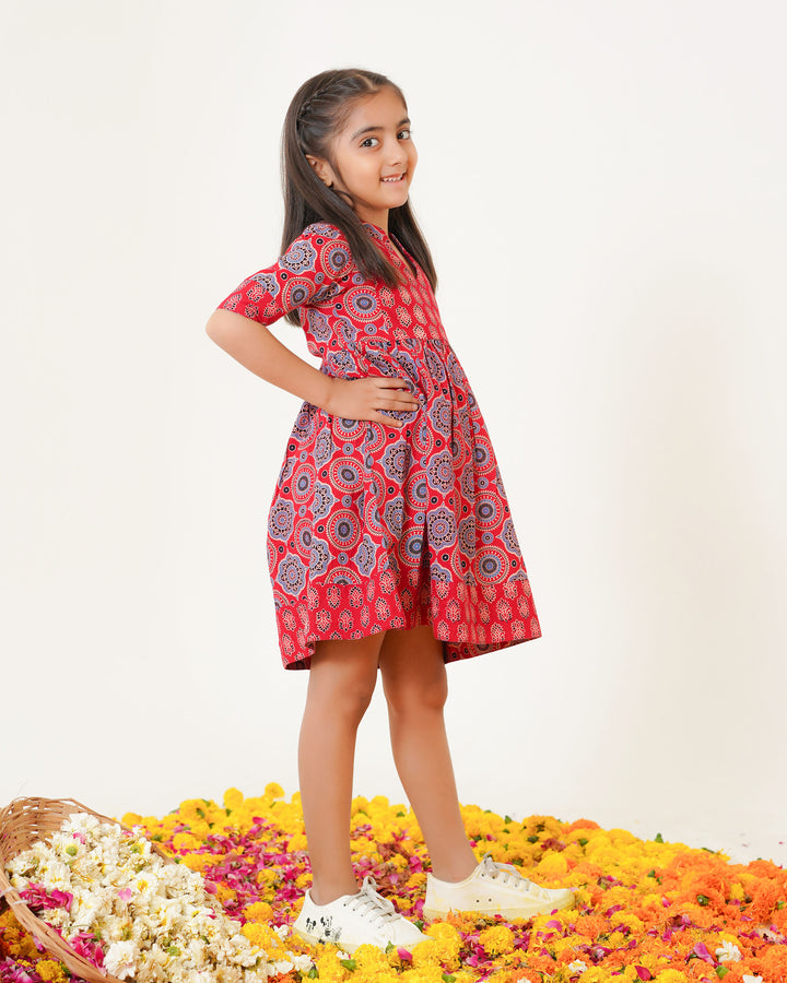 'Bits of Red Ajrakh' Girl's Cotton Dress