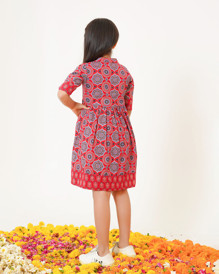 'Bits of Red Ajrakh' Girl's Cotton Dress