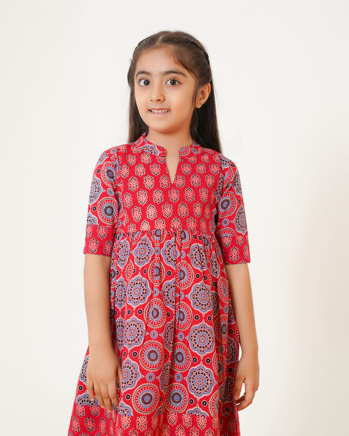 'Bits of Red Ajrakh' Girl's Cotton Dress