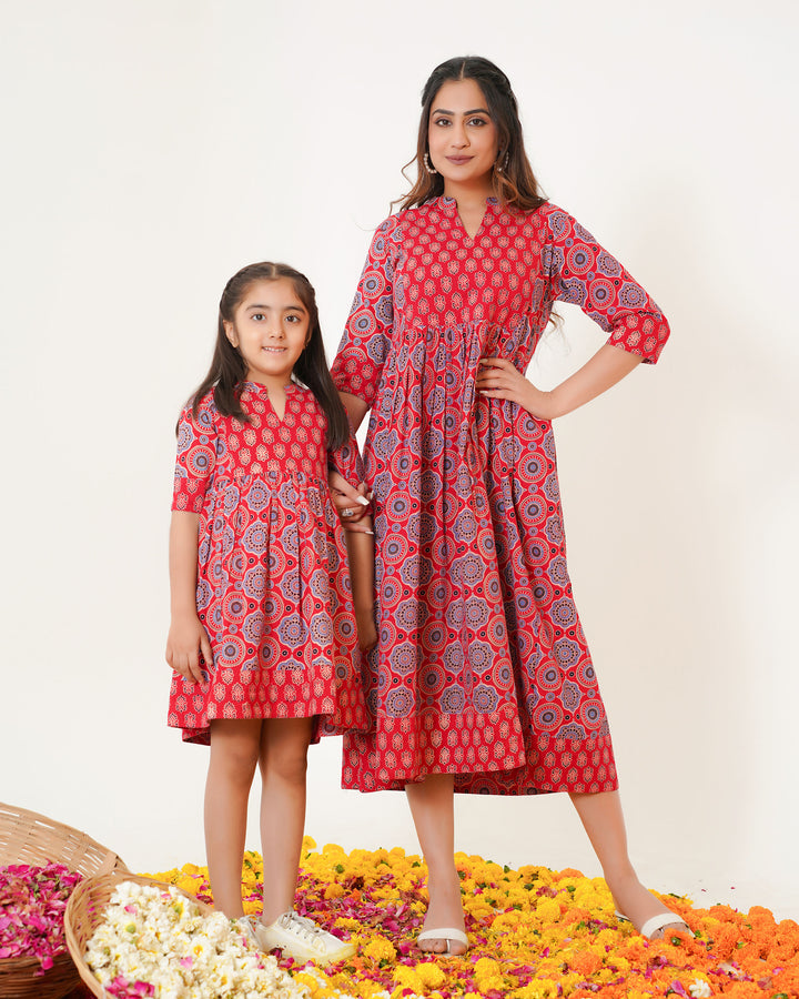 'Bits on Red Ajrakh' Mom and Daughter Cotton Dresses