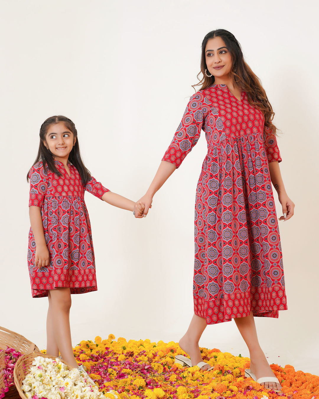 'Bits on Red Ajrakh' Mom and Daughter Cotton Dresses