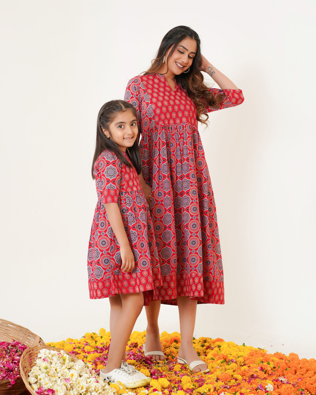 'Bits on Red Ajrakh' Mom and Daughter Cotton Dresses
