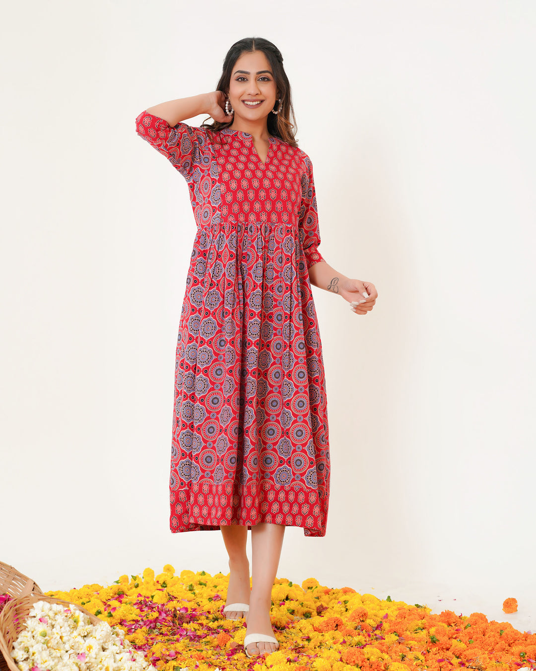 'Bits on Red Ajrakh' Mom and Daughter Cotton Dresses