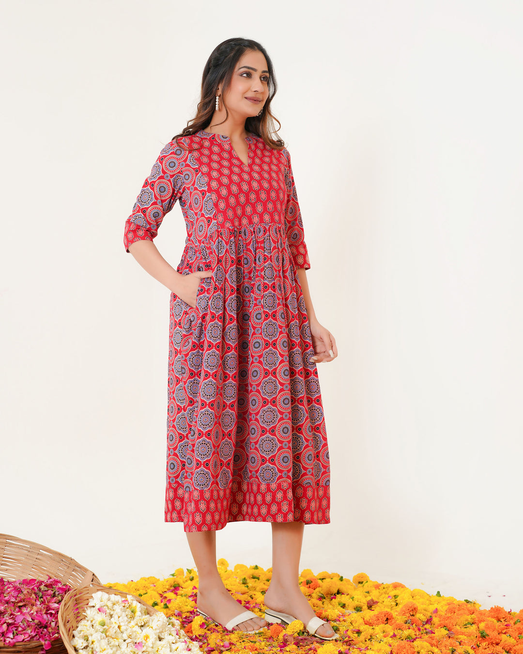 'Bits of Red Ajrakh' Cotton Midi Dress with Pockets
