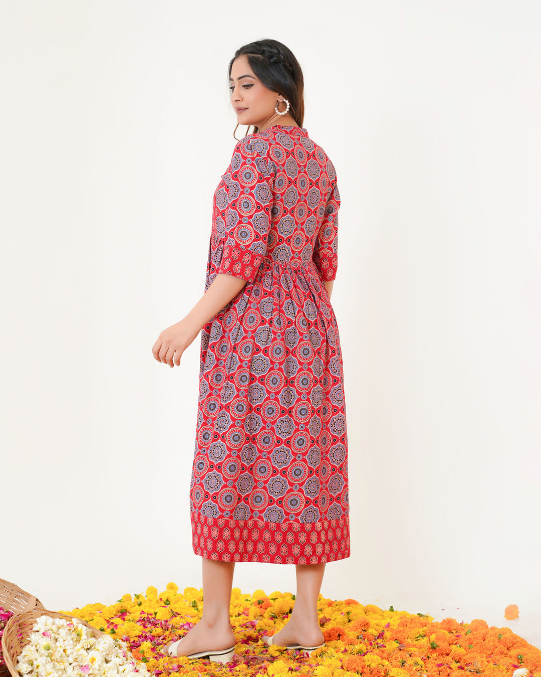 'Bits of Red Ajrakh' Cotton Midi Dress with Pockets