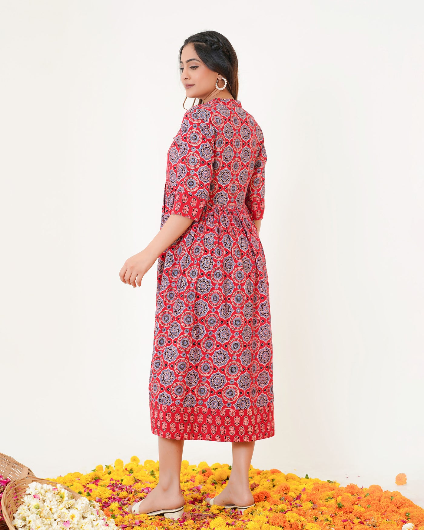 'Bits of Red Ajrakh' Cotton Midi Dress with Pockets