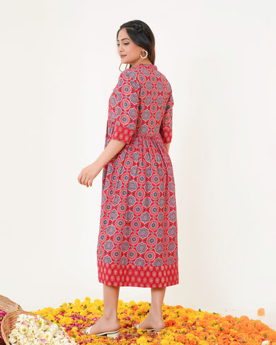 'Bits of Red Ajrakh' Cotton Midi Dress with Pockets