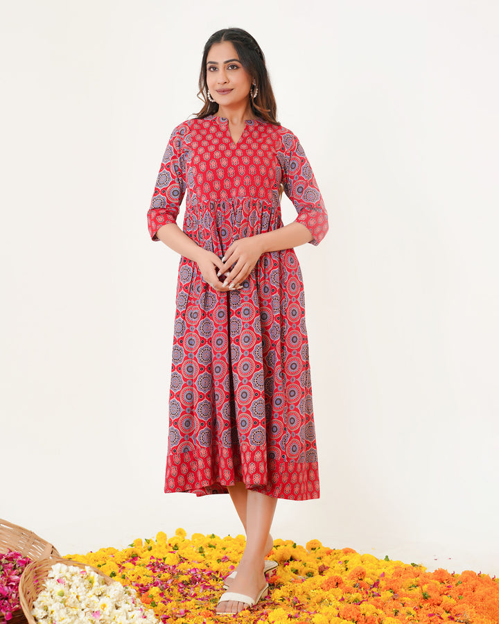 'Bits of Red Ajrakh' Cotton Midi Dress with Pockets