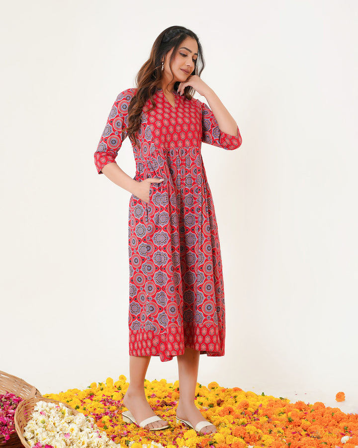 'Bits of Red Ajrakh' Cotton Midi Dress with Pockets