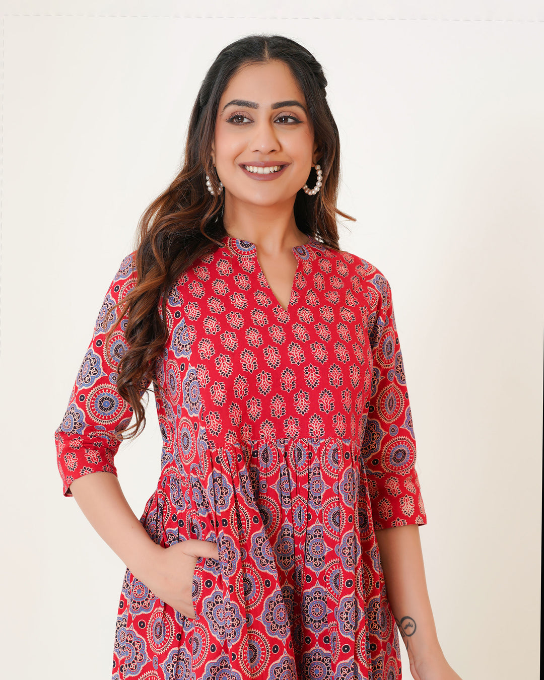 'Bits of Red Ajrakh' Cotton Midi Dress with Pockets