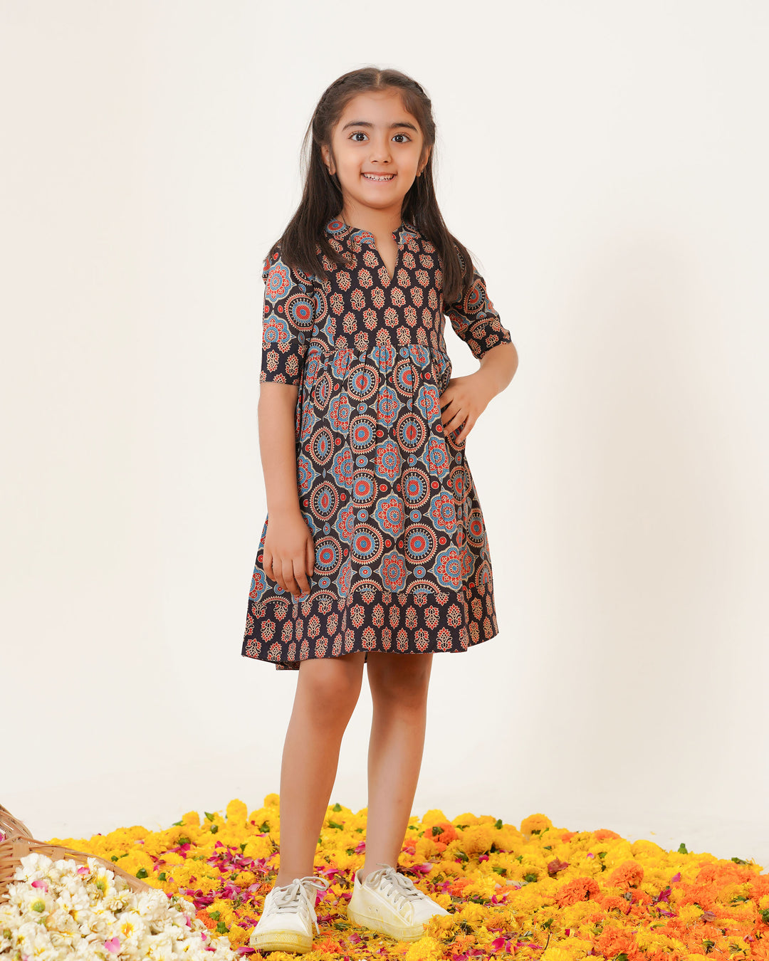 'Bits of Black Ajrakh' Mom and Daughter Cotton Dresses