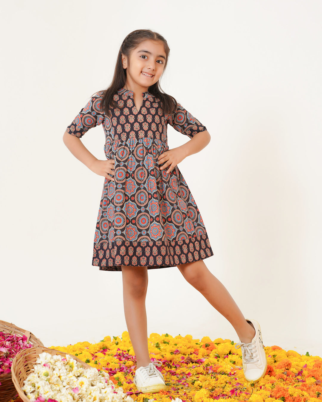 'Bits of Black Ajrakh' Girl's Cotton Dress