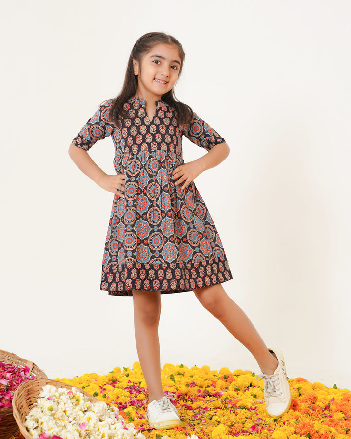 'Bits of Black Ajrakh' Girl's Cotton Dress